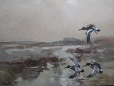 AR Jack Cox (1914-2007), Oyster Catchers in Flight, watercolour, signed lower left, 15 x 20cm