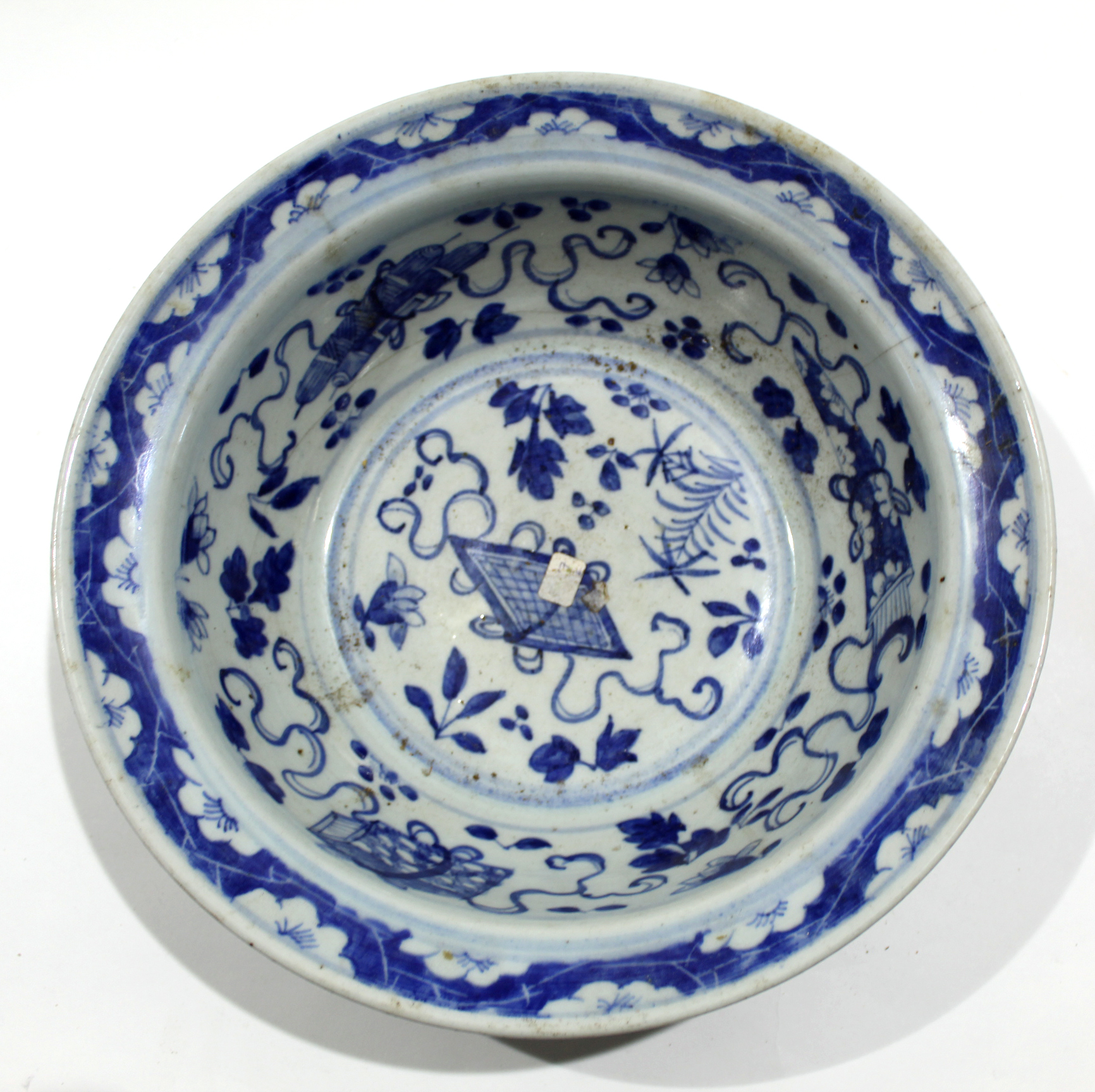 18th century Chinese porcelain bowl decorated in underglaze blue with auspicious objects, 30cm - Image 2 of 6