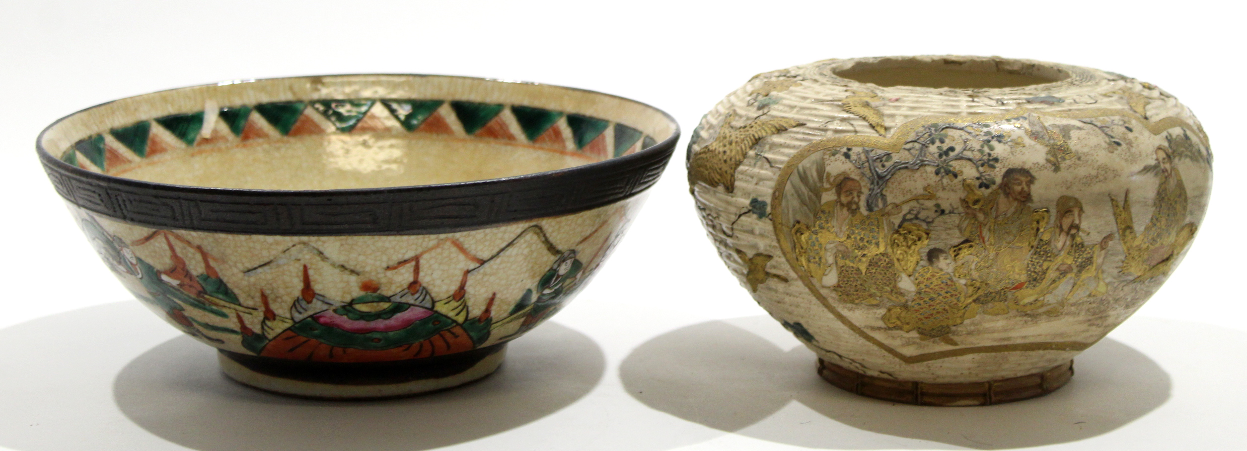 Chinese crackleware bowl decorated with warriors together with a further Japanese Satsuma bowl,