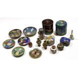 Group of cloisonne wares including two cylindrical jars and covers and other small miniature
