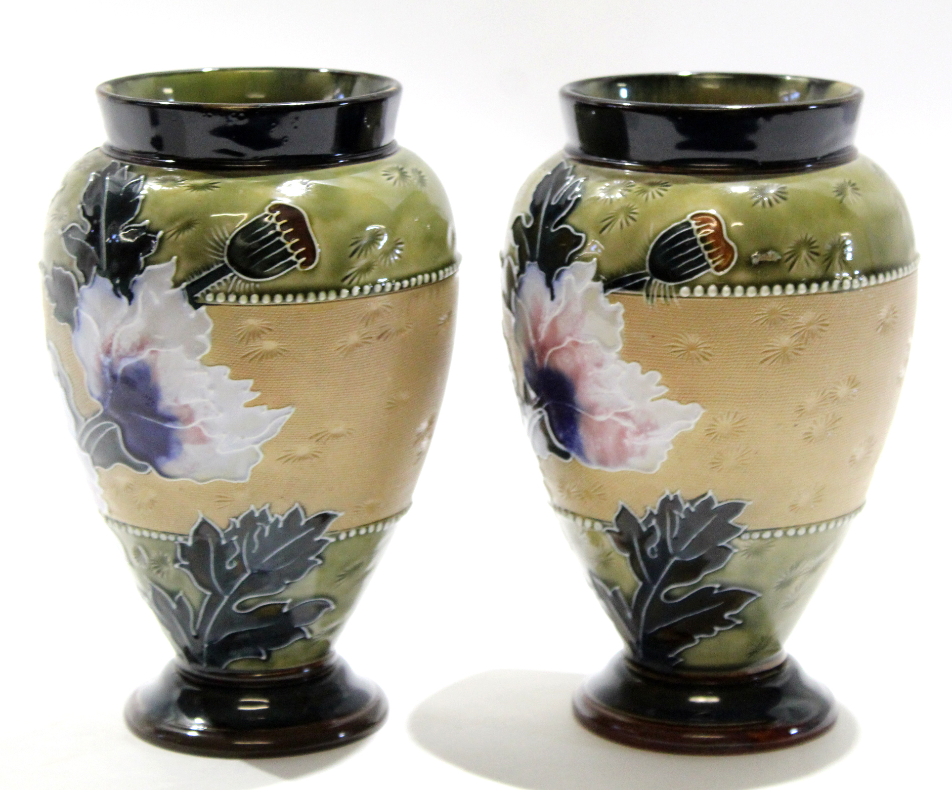 Pair of late 19th century Lambeth Doulton vases, the Slater's Patent ground decorated with tube - Image 2 of 5