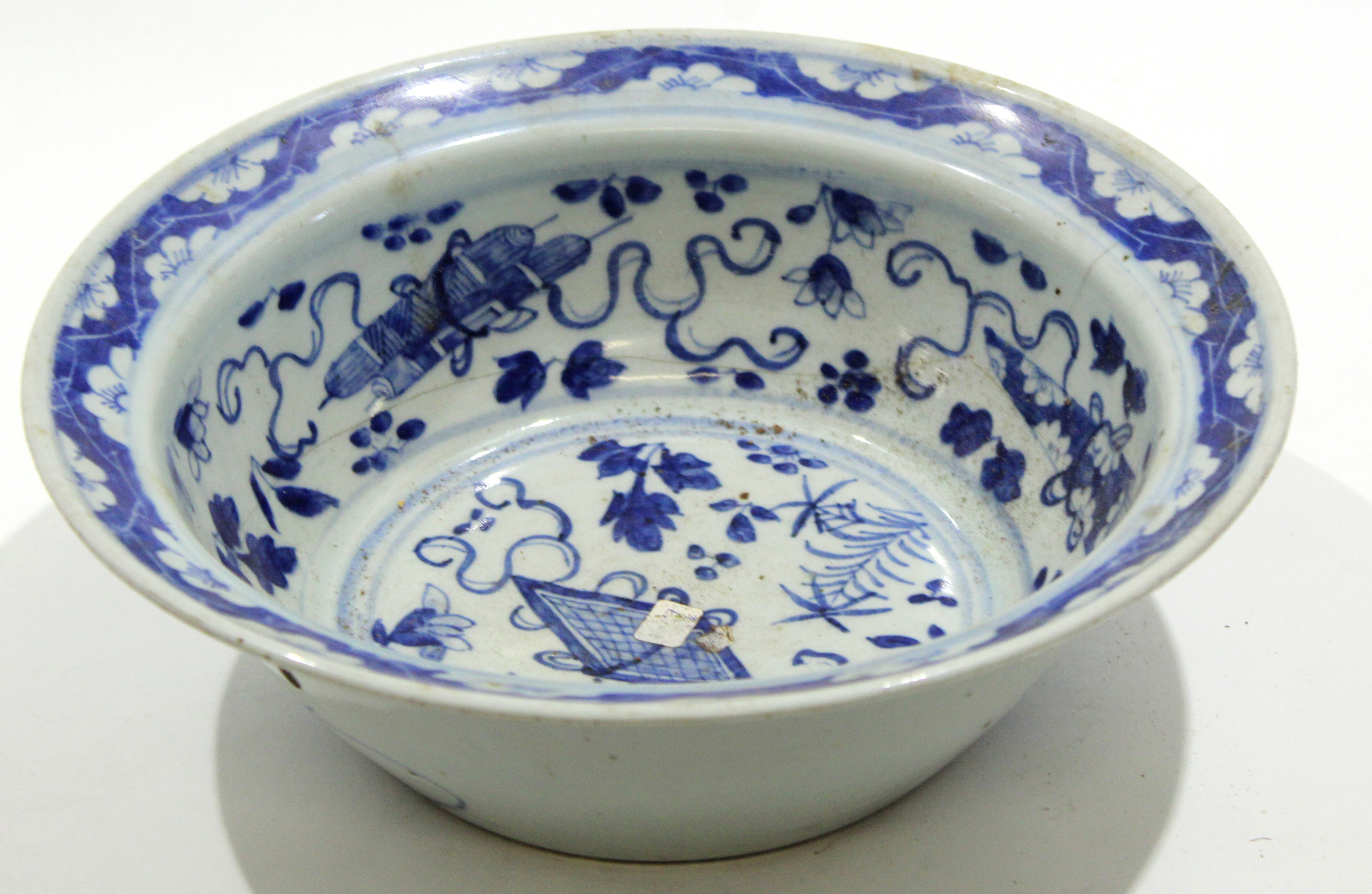 18th century Chinese porcelain bowl decorated in underglaze blue with auspicious objects, 30cm