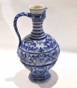Very large German stoneware pottery ewer with rope twist handle and applied designs in blue, 43cm