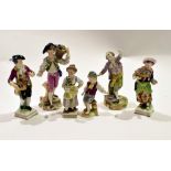 Group of six Continental figures modelled as children with flowers and models of street sellers (