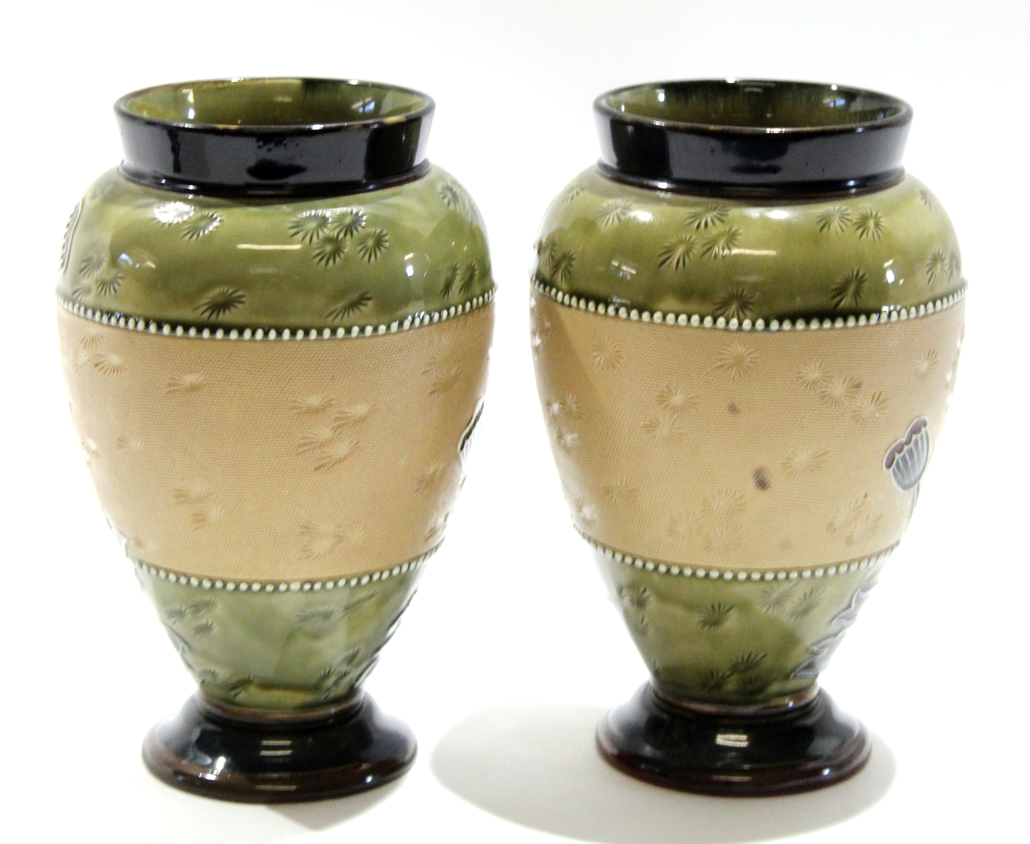 Pair of late 19th century Lambeth Doulton vases, the Slater's Patent ground decorated with tube - Image 3 of 5