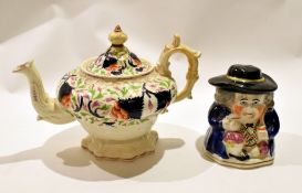 Gaudy Welsh Style Rockingham type tea pot together with a Staffordshire jar and cover modelled as