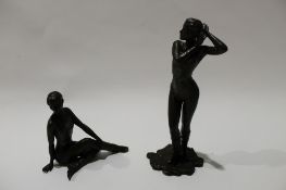 Two patinated bronze studies of young women, one standing, one seated, probably circa 1970s, 18cm