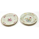 Two 18th century Chinese porcelain famille rose plates, one with a floral design, the other with a