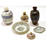Group of Chinese porcelain wares together with a cloisonne vase, comprising a Chinese pot and