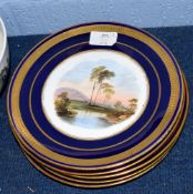 Group of five late 19th century Aynsley porcelain plates all decorated with landscape designs,