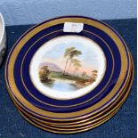 Group of five late 19th century Aynsley porcelain plates all decorated with landscape designs,