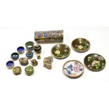 Group of cloisonne wares including a box and cover with floral decoration, other small boxes, pin