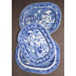 Group of three Staffordshire flow blue platters with typical chinoiserie designs, largest 43cm