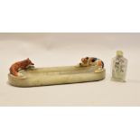 Vintage glass or alabaster ashtray, applied at either end with motifs of foxhound and fox, (losses