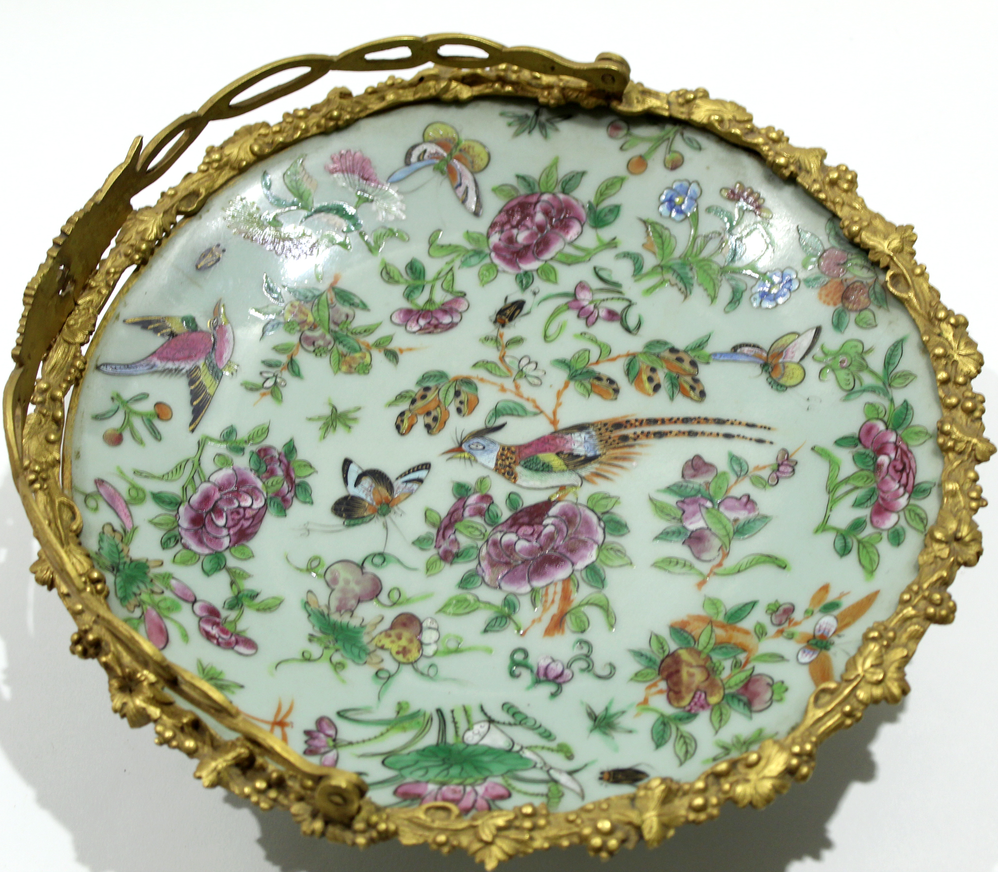 Late 19th century Canton plate with gilded metal mounts and handle, 27cm diam - Image 3 of 9