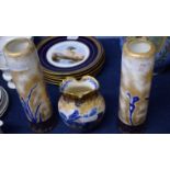 Pair of Doulton vases, the gilt ground decorated in blue with irises and further vase with similar