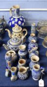 Quantity of Westerwald or Rhenish salt glaze stoneware, all decorated in relief in blue and white
