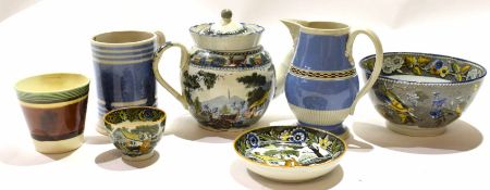 Group of English pottery, early 19th century, including a pearlware tea pot, bowl and saucer, all