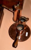 Copper chocolate pot, further measure, tankard and a circular plate, embossed in the centre with