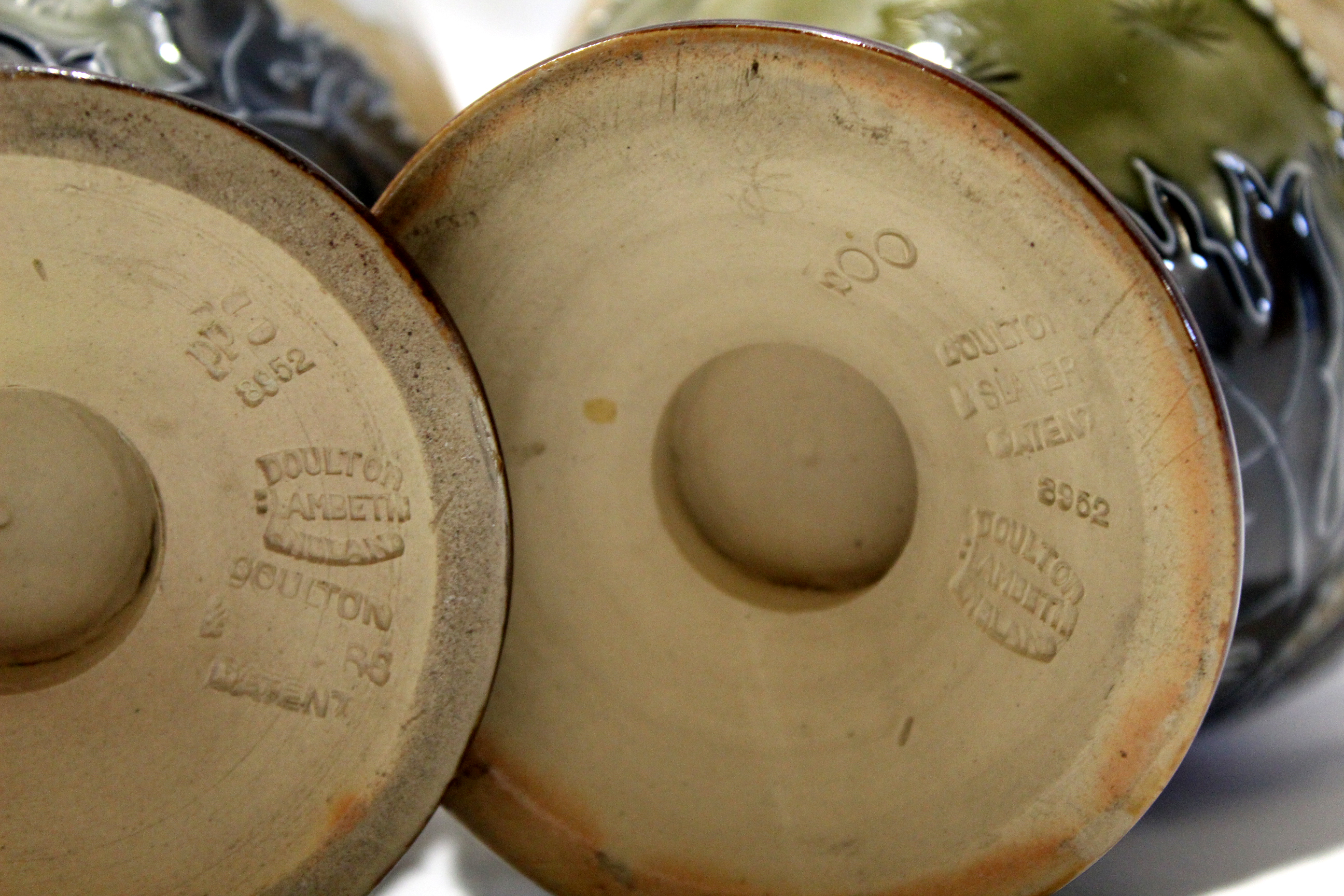 Pair of late 19th century Lambeth Doulton vases, the Slater's Patent ground decorated with tube - Image 5 of 5