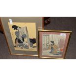 Group of Japanese wood block prints, one of a Samisen player and two others with geishas, (3)