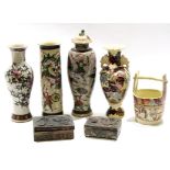 Group of Oriental pottery crackleware vases, one with cover, all with typical designs including a