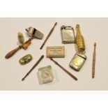 Box containing vintage vesta case, table lighter, whistle etc