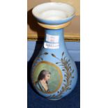 Paris Porcelain style baluster vase the blue ground with a panel of lady painted on green surrounded