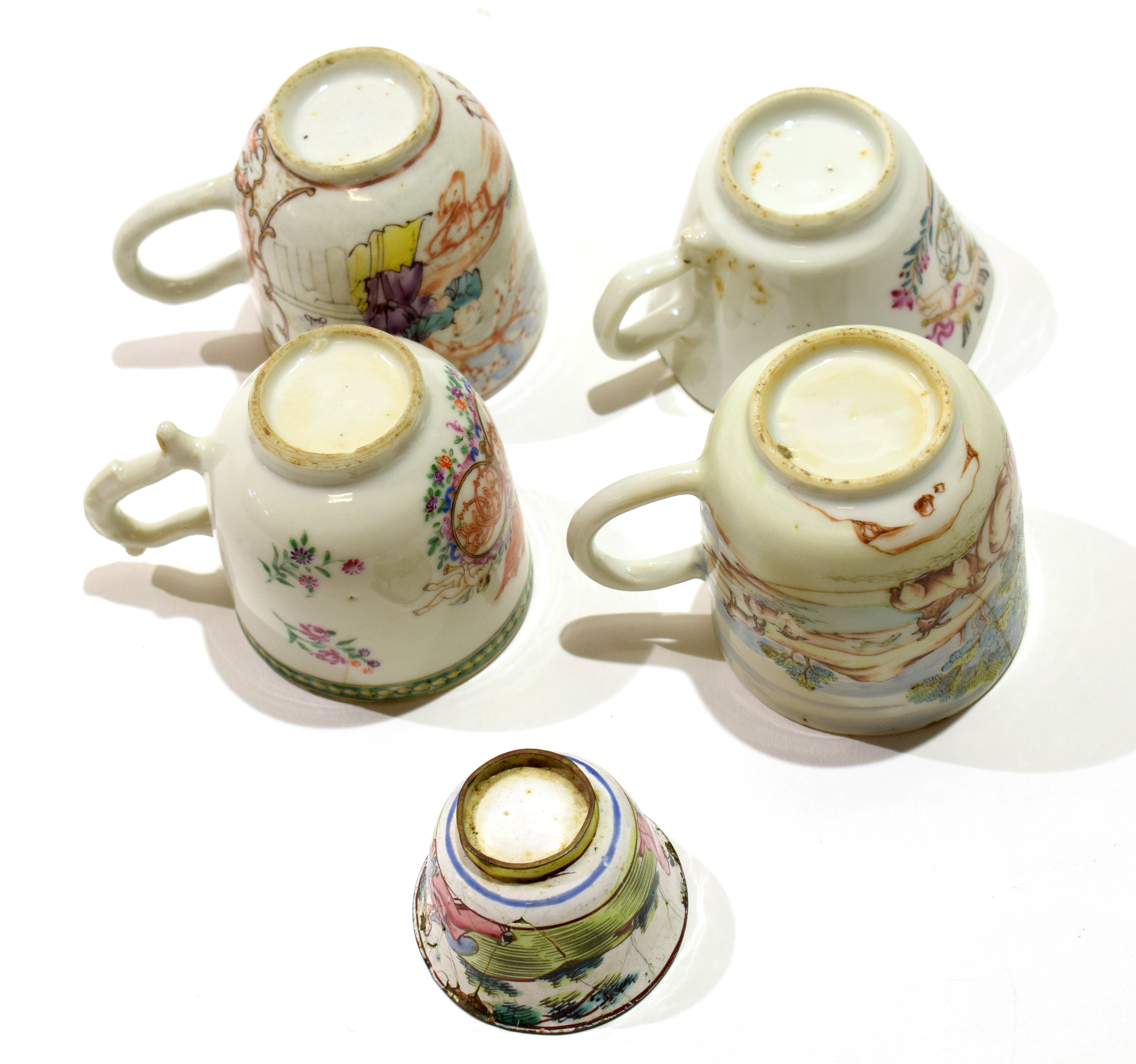 Group of 18th century Chinese porcelain cups including a marriage cup, decorated in polychrome - Image 2 of 2