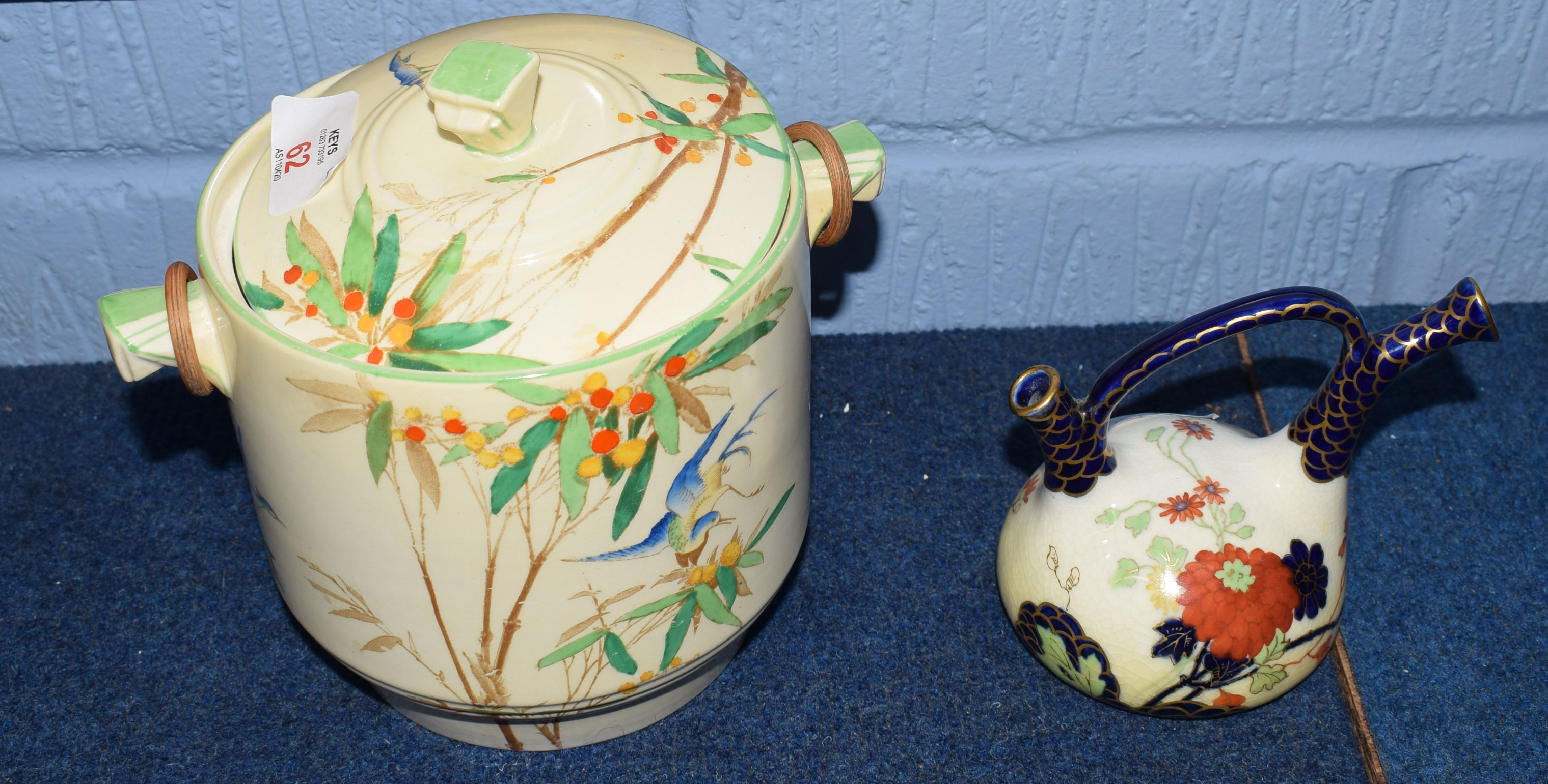 Losol ware Moira pattern biscuit barrel and cover decorated in Art Deco style with bamboo handle,