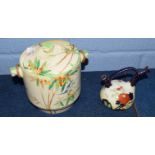 Losol ware Moira pattern biscuit barrel and cover decorated in Art Deco style with bamboo handle,