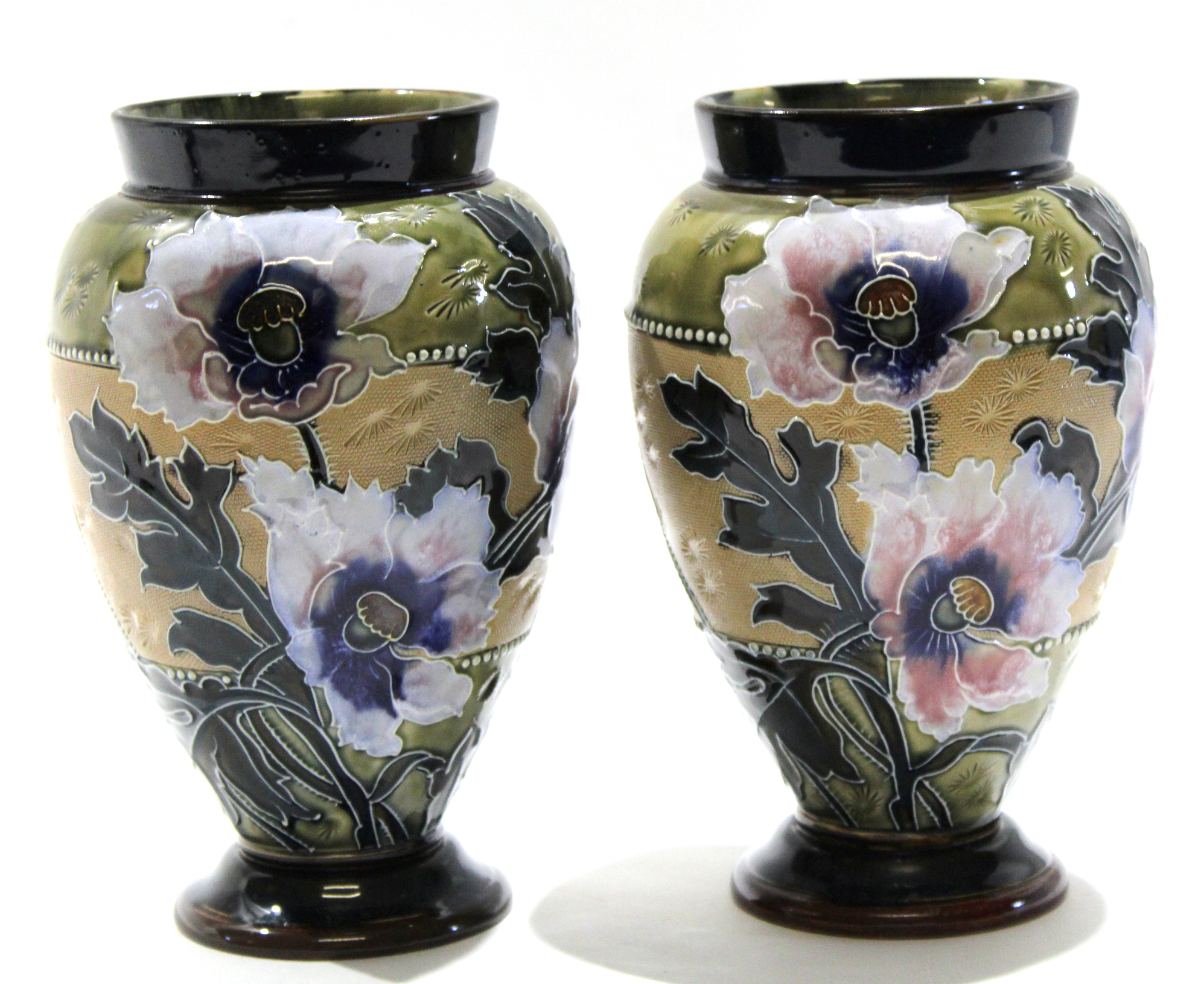 Pair of late 19th century Lambeth Doulton vases, the Slater's Patent ground decorated with tube