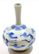 Japanese porcelain vase with blue and white design of herons amongst clouds, 15cm high