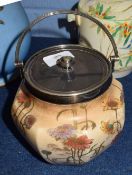 Late 19th century Doulton Burslem biscuit barrel with plated mounts, the blush ground body with a