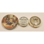 Group of three 19th century pot lids one entitled "Hide and Seek" with polychrome print, and two