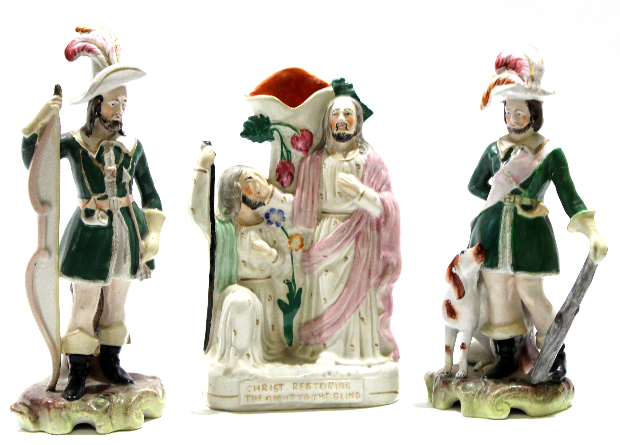 Group of two Staffordshire figures of cavaliers together with a further Staffordshire religious