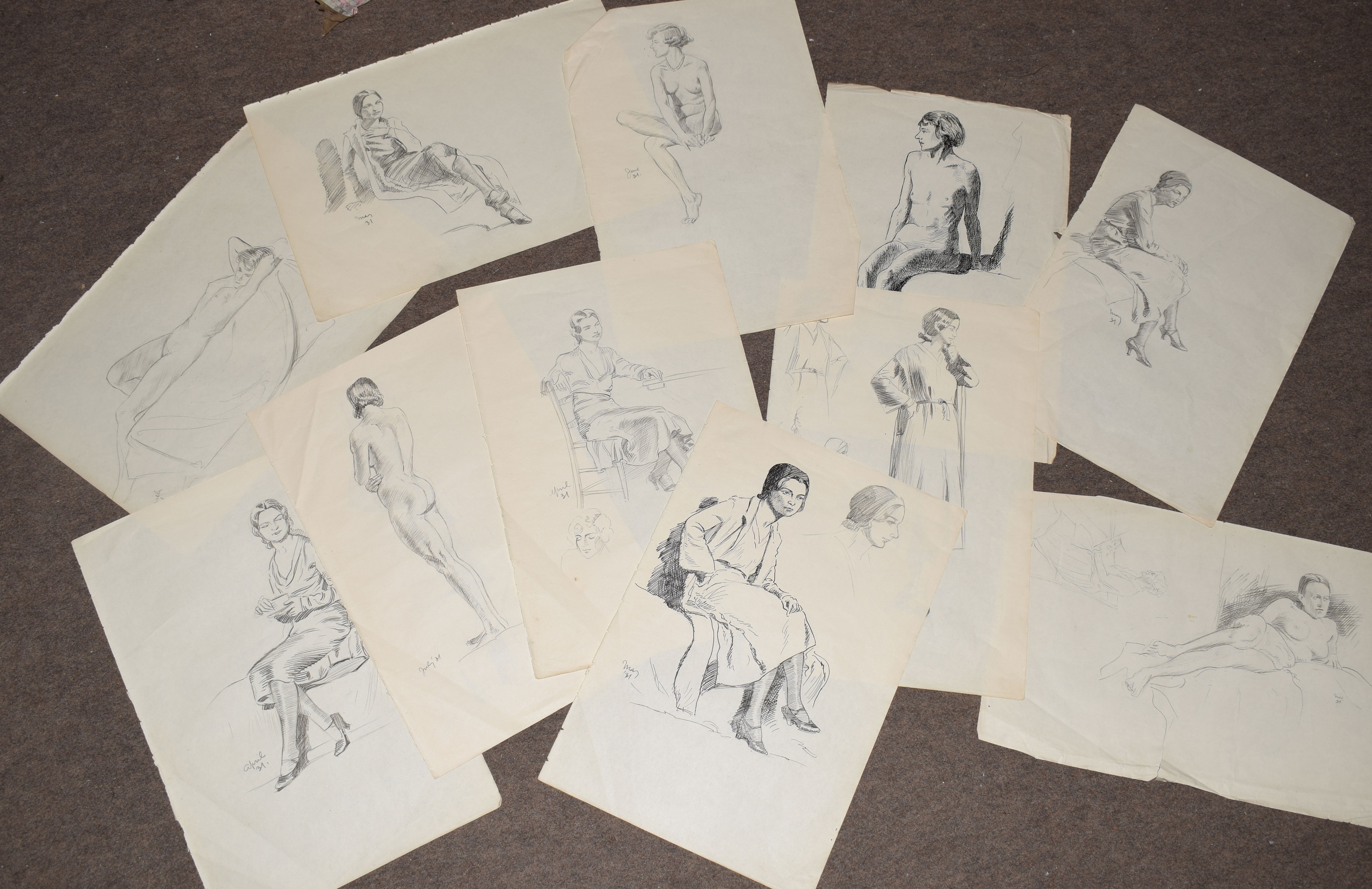 Modern British School (20th Century), Figure studies, group of 9 pencil/pen & ink drawings, all