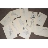 Modern British School (20th Century), Figure studies, group of 9 pencil/pen & ink drawings, all