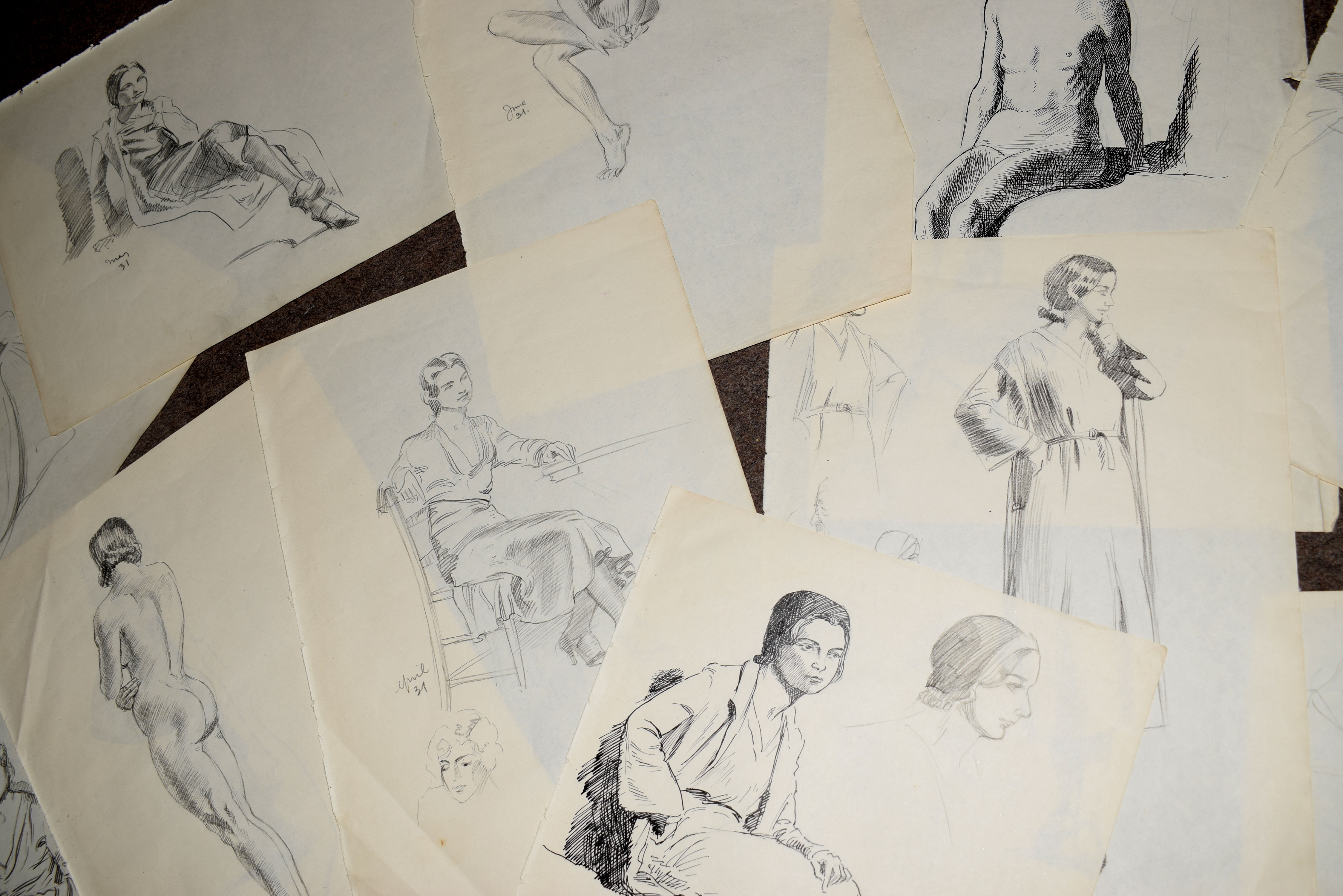 Modern British School (20th Century), Figure studies, group of 9 pencil/pen & ink drawings, all - Image 2 of 3