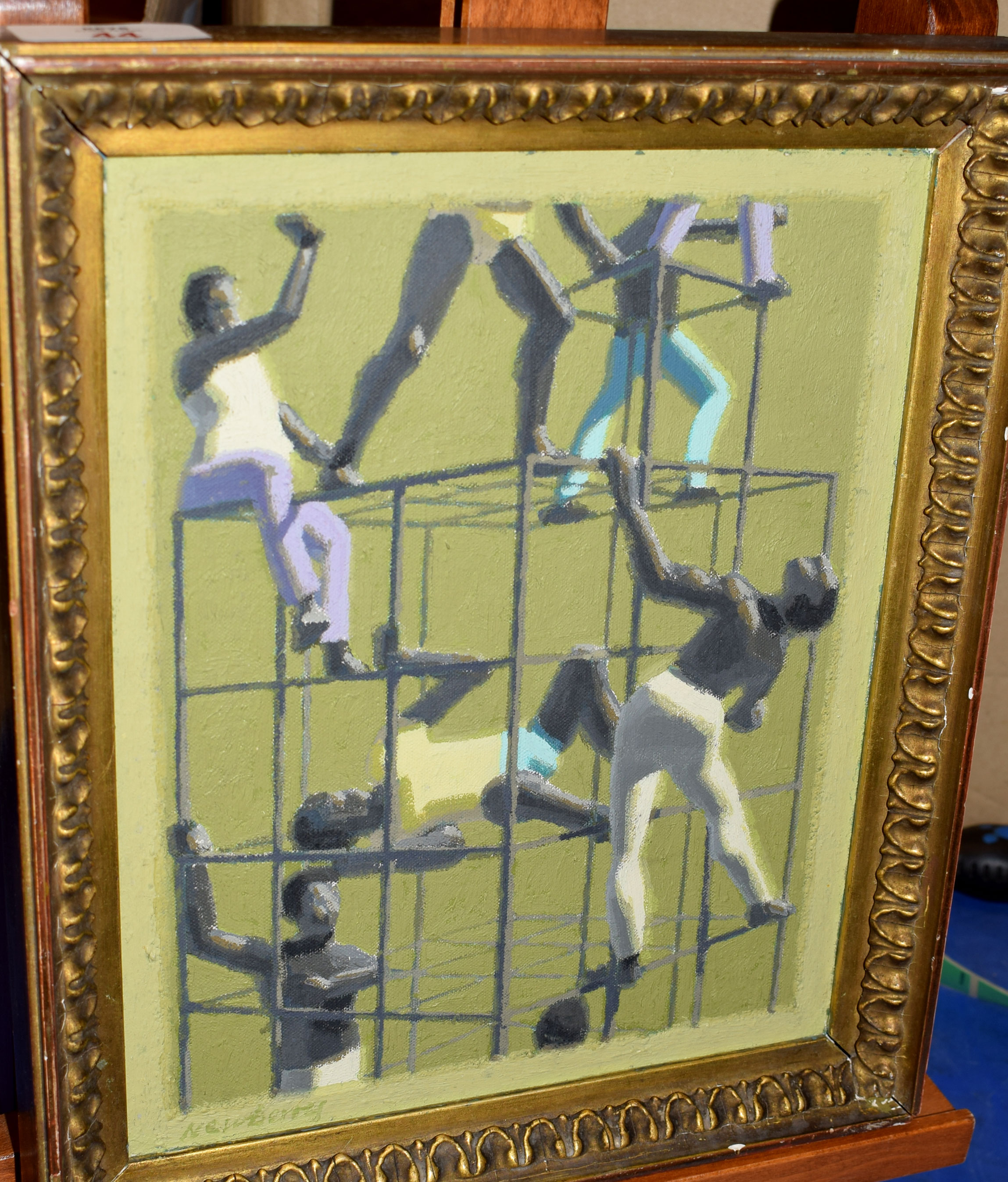 AR John Newberry (Born 1934), 'The Climbers', oil on board, signed lower left and inscribed verso '