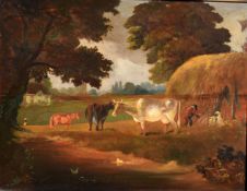 Dutch School (18th Century), Farmstead with Figures and Cattle, oil on panel, 46 x 56cm,