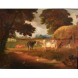 Dutch School (18th Century), Farmstead with Figures and Cattle, oil on panel, 46 x 56cm,