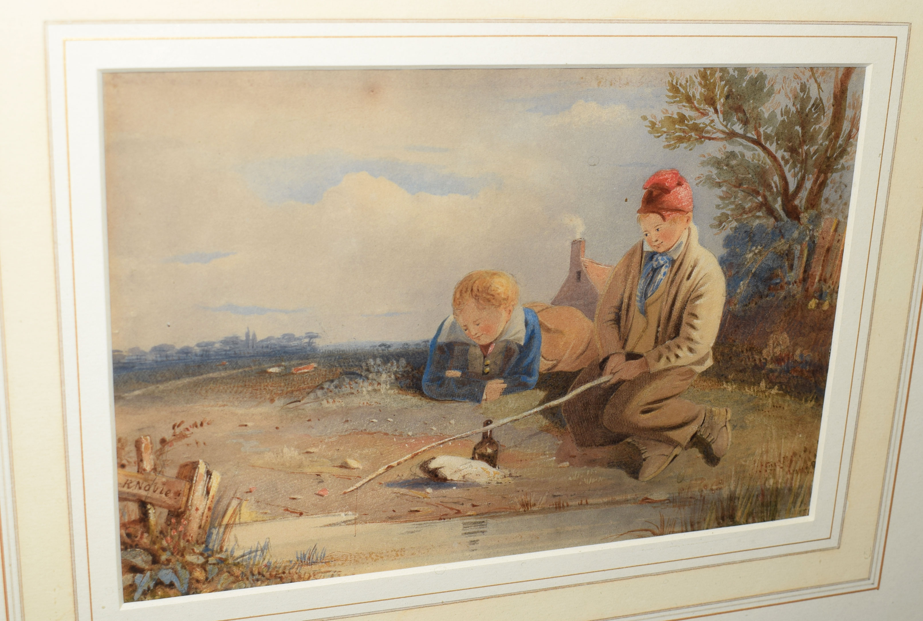 Robert Noble (1857-1917), Young Anglers, watercolour, signed to post lower left, 16 x23cm