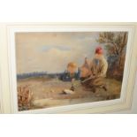 Robert Noble (1857-1917), Young Anglers, watercolour, signed to post lower left, 16 x23cm