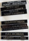 Collection of 16 brand new black enamel railway-interest Badges on card, all different with