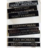 Collection of 16 brand new black enamel railway-interest Badges on card, all different with