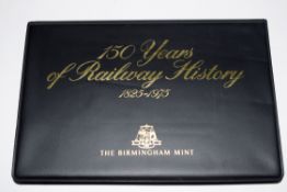 Black album 21 x 14cm ‘150 years of Railway History’ by the Birmingham Mint. Contains 3 x medallions