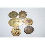 Collection of six LNER brass railway Paychecks: 1 x large oval ‘Running Dept. Gorton’, 3 x oval ‘