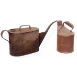 Railway Tools: Two unmarked rusty oil cans, one with spout 62 x 25cm and one cylindrical 30cm high x