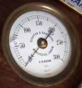 Brass pressure gauge 0-300 psi by Schaffer & Budenberg 37cm dia, glass cracked. NB this was unsold